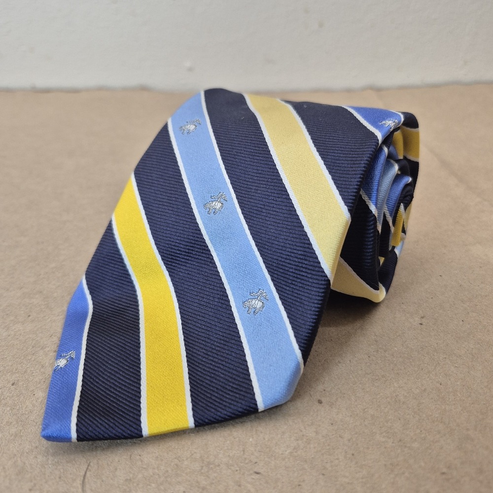 Brooks Brothers Makers and Merchants Silk Tie Blue Yellow Striped Logo‎
